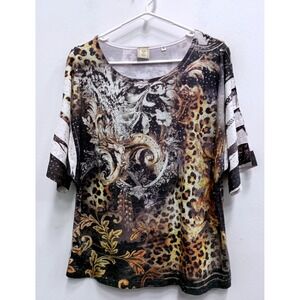 Jess & Jane Wearable Art Top Womens M Brown Animal Print Sequin Dolman Sleeve